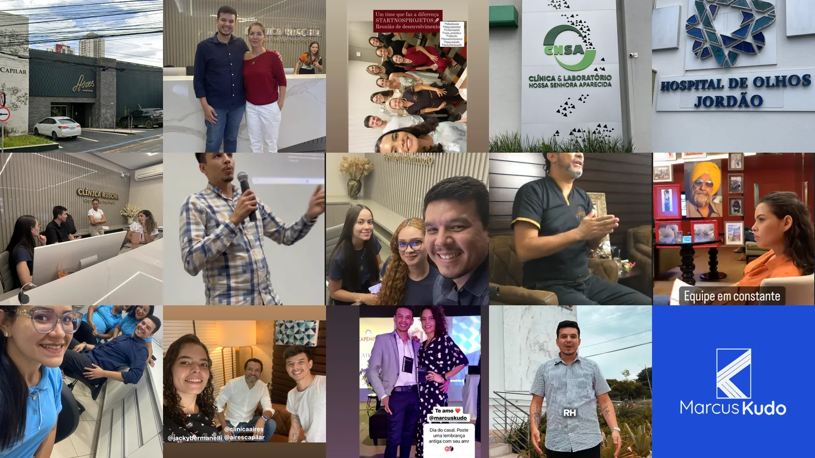 Mosaico com 14 fotos de Marcus Kudo em campo: Clínica Aires, Clínica Ruschel, CNSA, Hospital de Olhos Jordão, RH Diagnóstico, palestras e feiras
